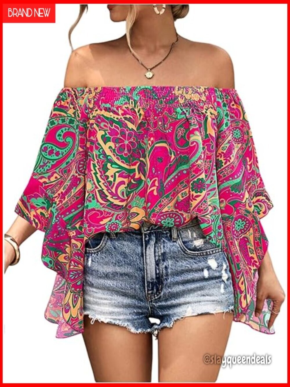 Women's Floral Off Shoulder Blouse Boho Ruffle Bell Sleeve Shirt